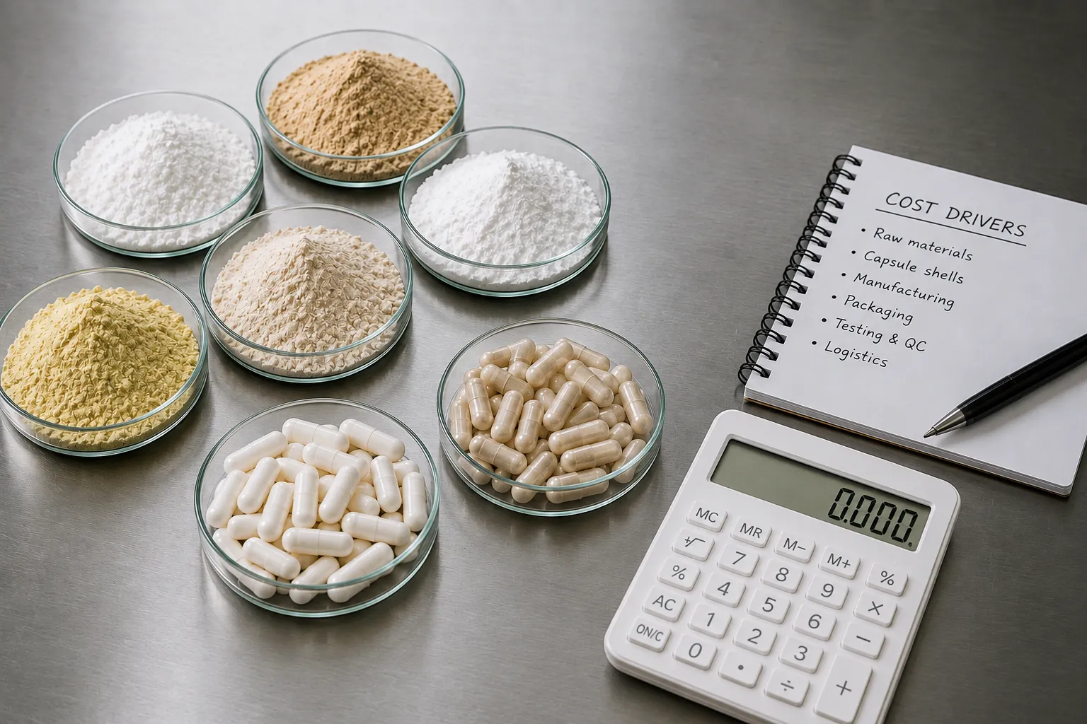 Flatlay of a notebook, calculator and capsule ingredients — the variables behind capsule manufacturing cost at GMP Pharma.