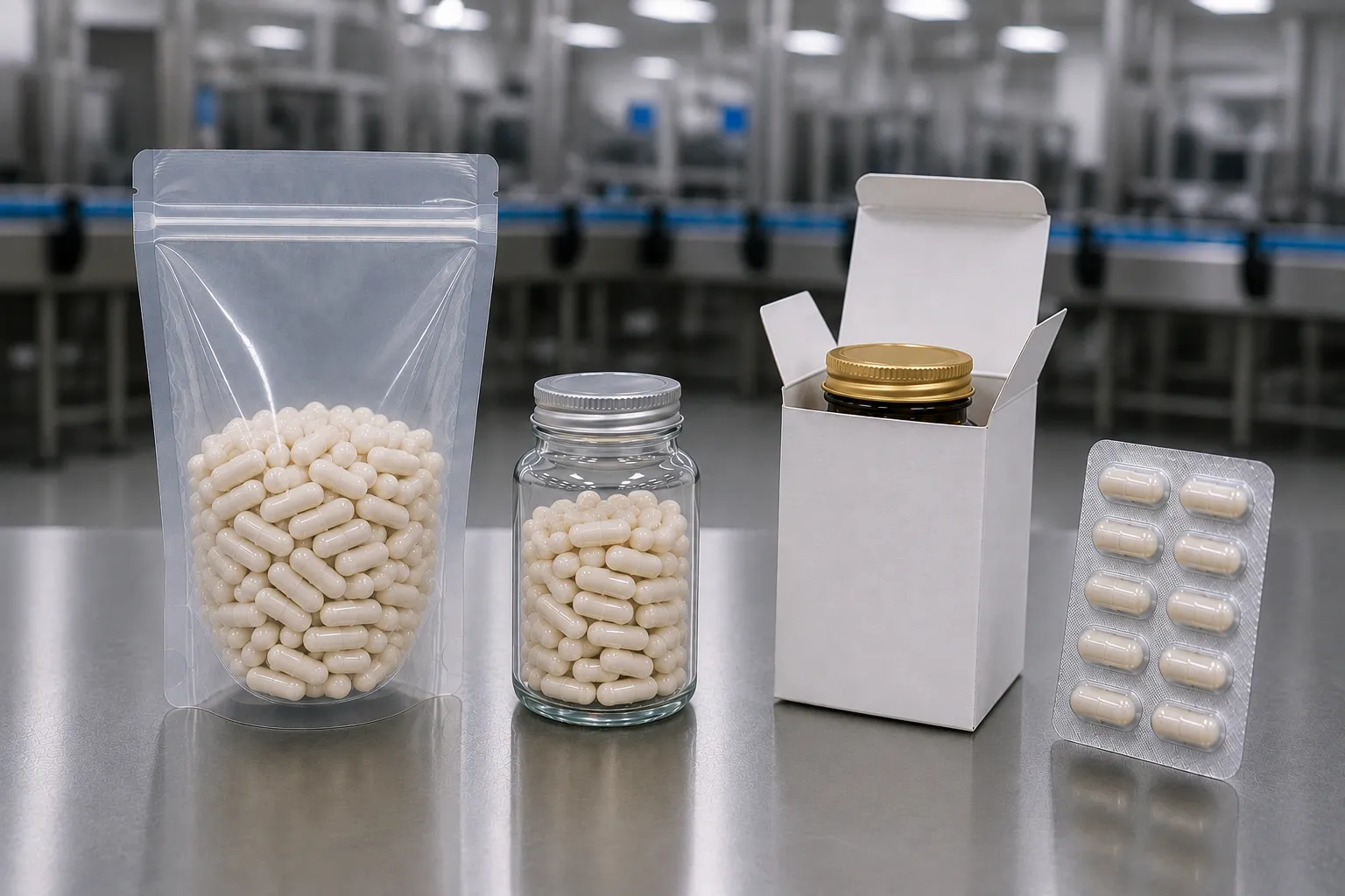 Capsules shown in a pouch, bottle, retail carton and blister pack — packaging formats available alongside capsule production at GMP Pharma.