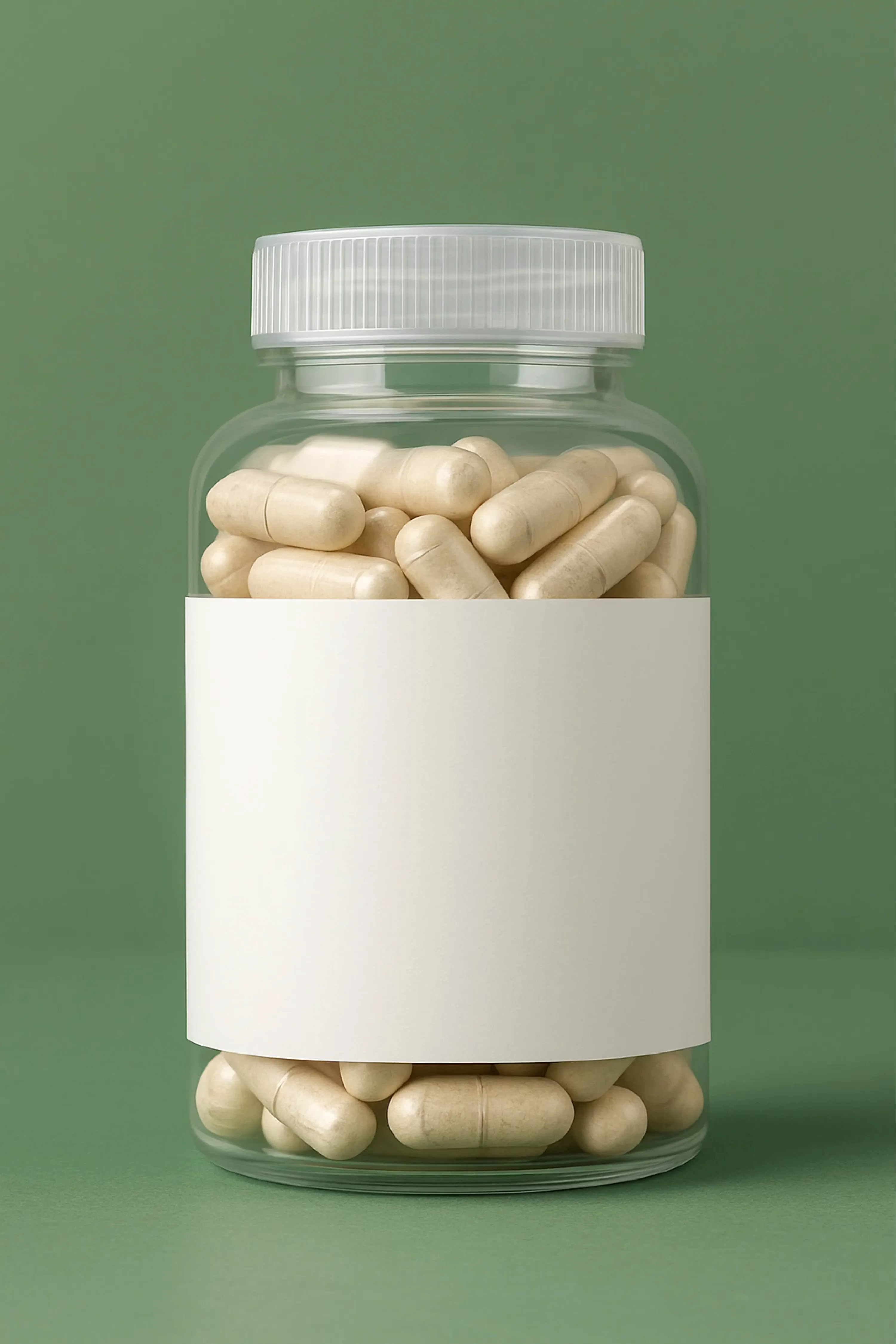 Capsules filled in a labeled glass jar