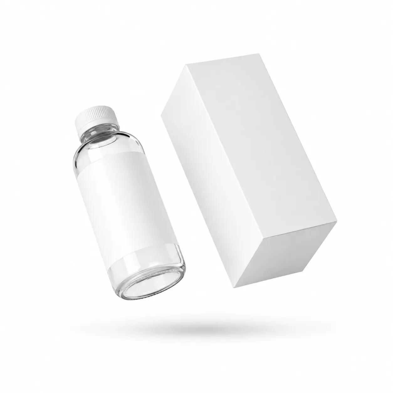 Empty liquid supplement bottle beside a blank retail packaging box