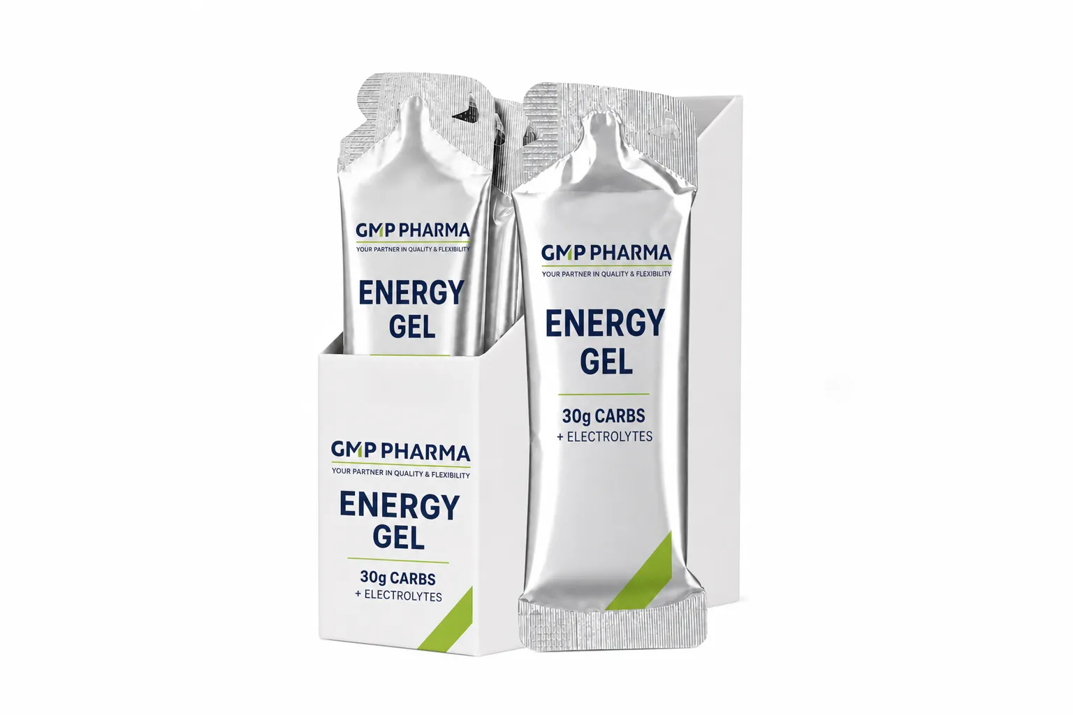 GMP Pharma-branded energy gel box with single-dose gel sachets