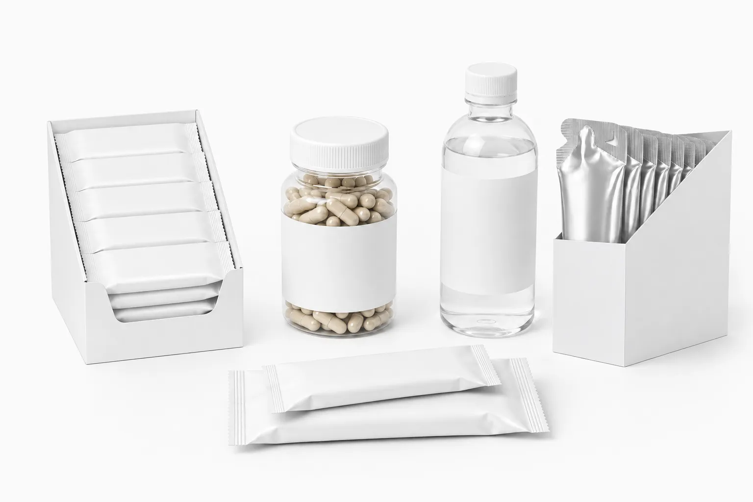 Blank packaging mockups for capsules, bottles, sachets and stick packs, ready for private label branding
