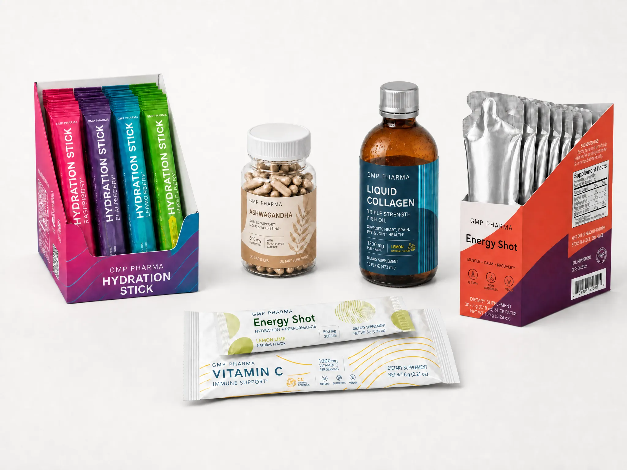 Assortment of GMP Pharma-manufactured supplement products — stick packs, capsule bottle, liquid bottle and single-serve sachets