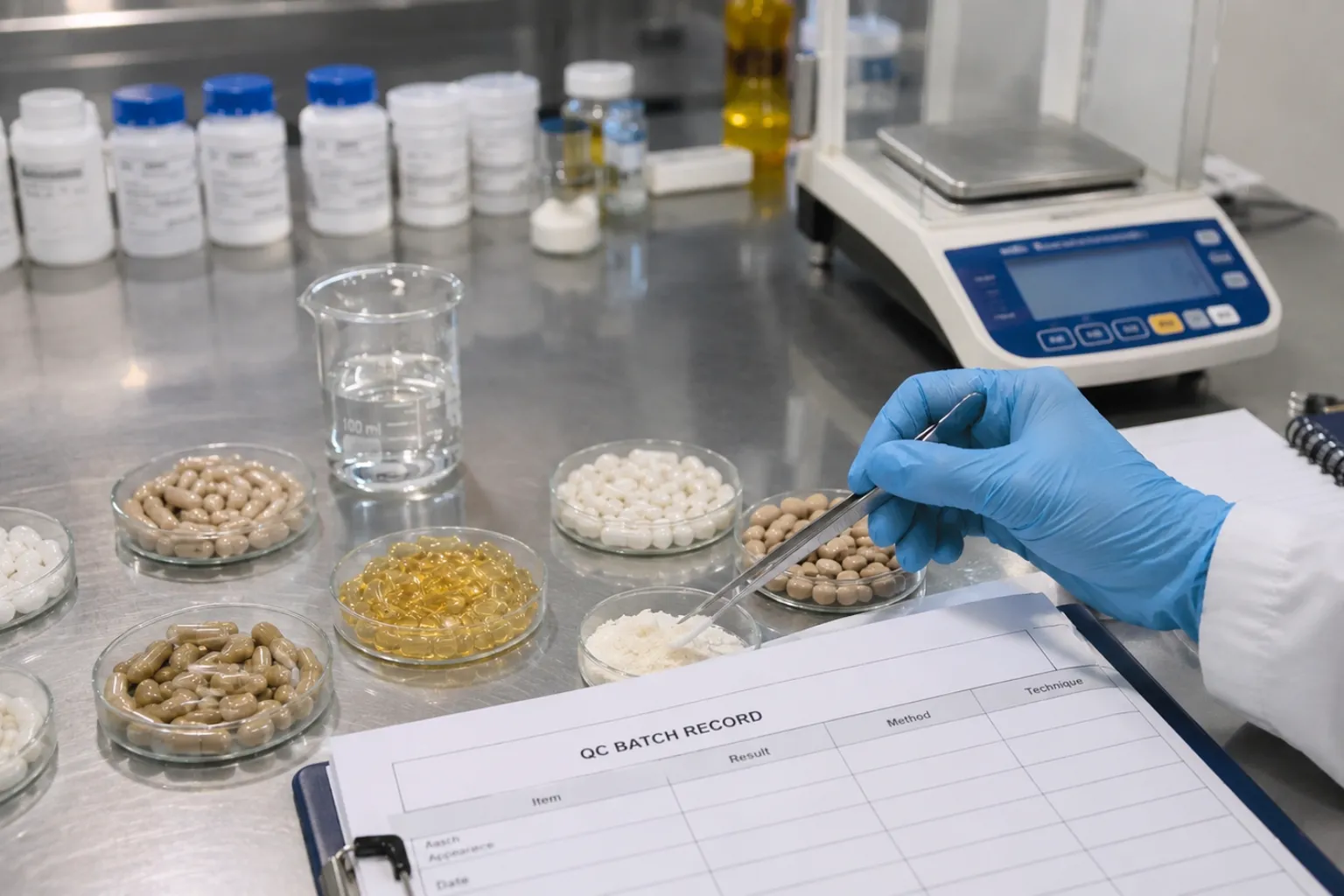 GMP Pharma quality technician verifying raw material samples against a QC batch record