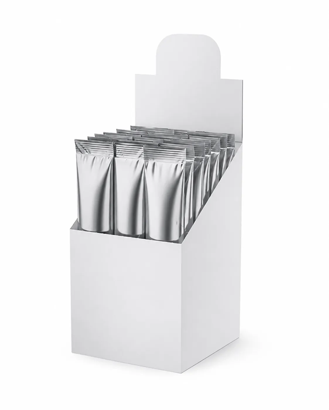 Blank stand-up pouches displayed in a retail cardboard dispenser box