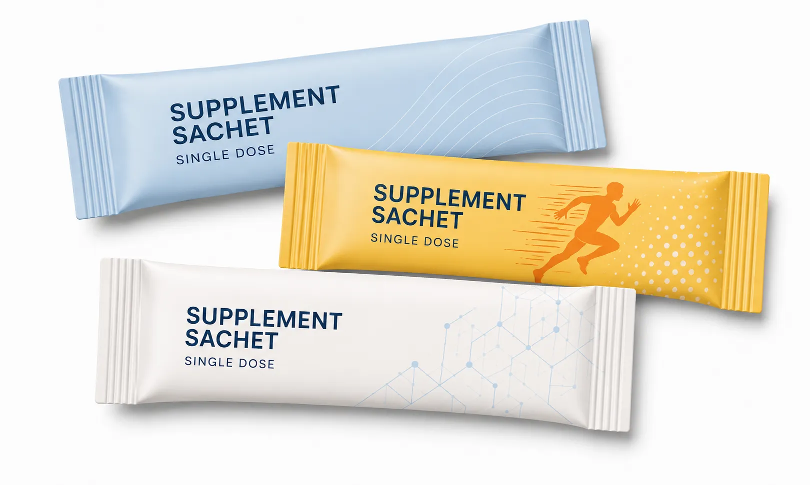 Three single-dose supplement sachets in different colors
