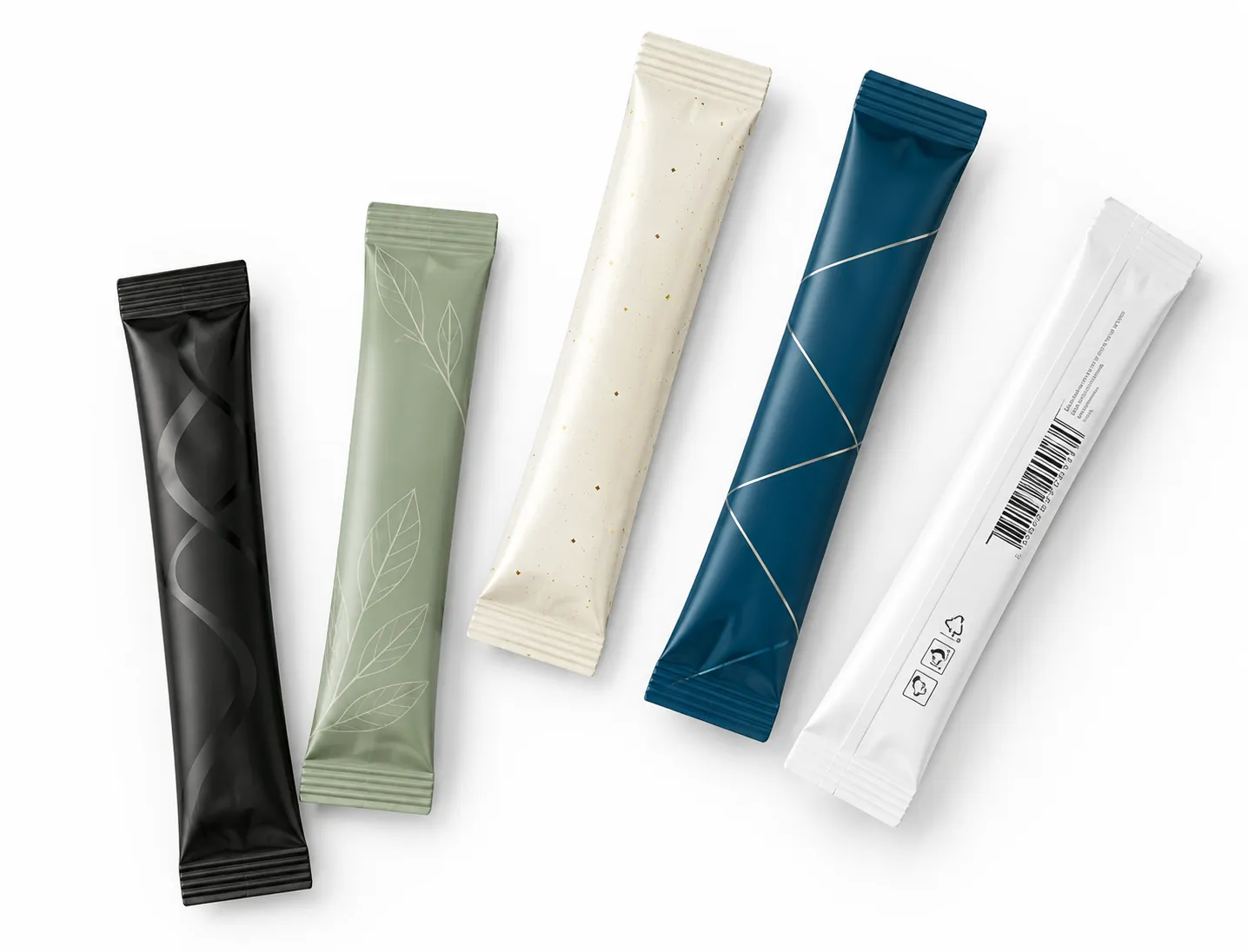 GMP Pharma branded stick pack pouches in different colors, laid out flat